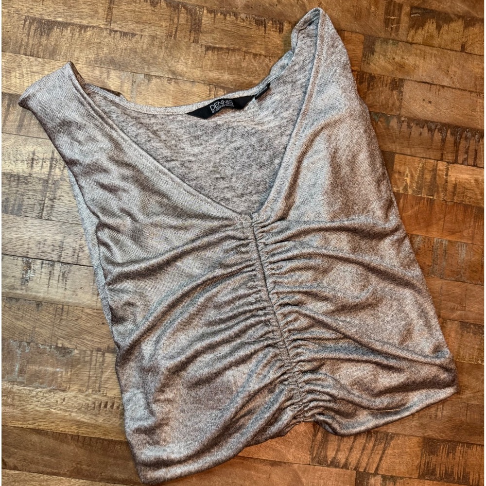 Dennis by Dennis Basso Silver Metallic Ruched V-Neck Long Sleeve Top Womens 1X